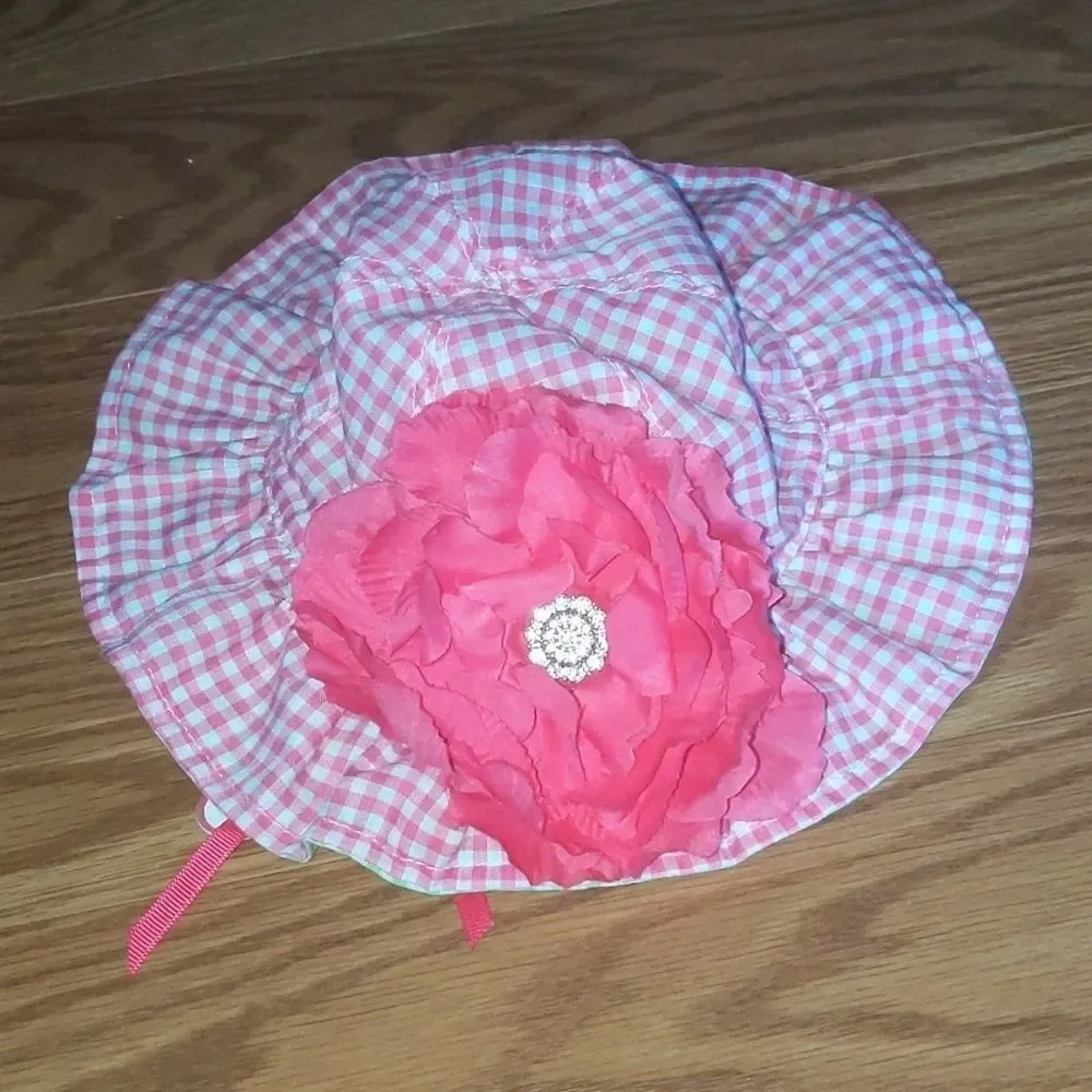 Mudpie pink green gingham flower sun hat Sz 0-12 m NWT